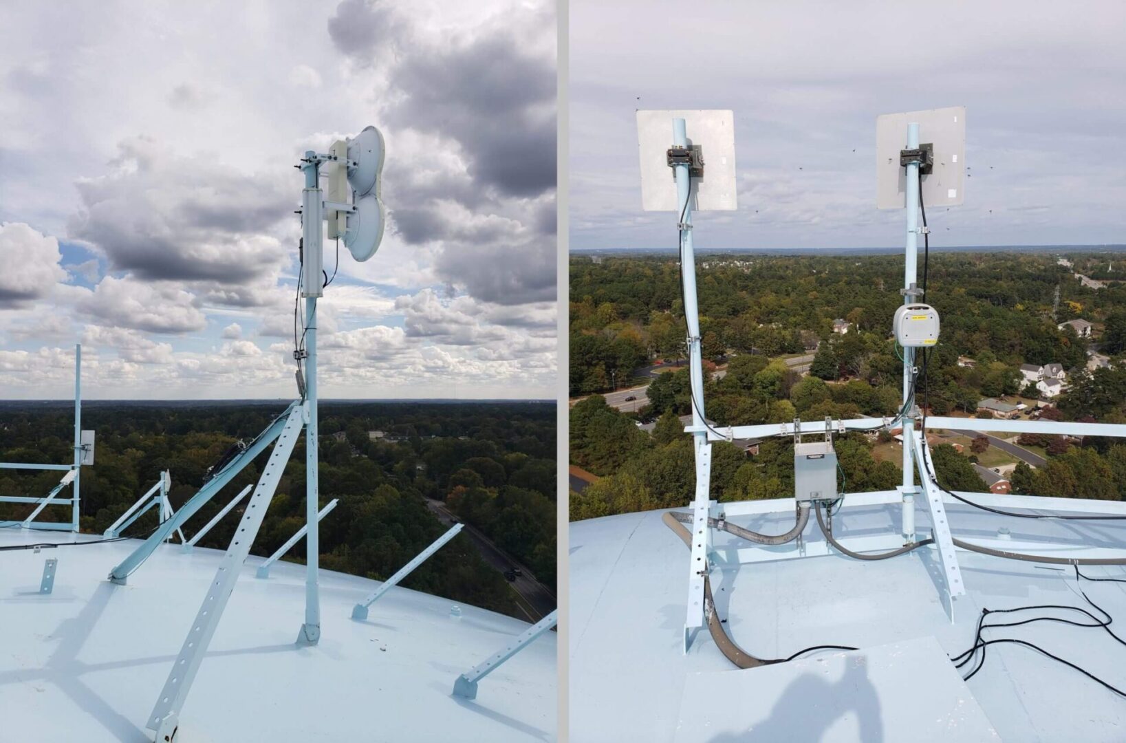 Two pictures of a cell phone tower with antennas.