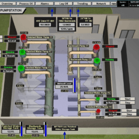 A computer generated image of a building with pipes and valves.