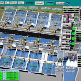 A computer generated image of a factory floor